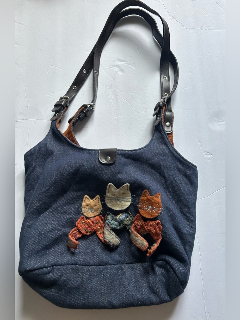 Denim Blue Applique Felt Kitty Cat Face Purse Shoulder Bag Boho Hippie